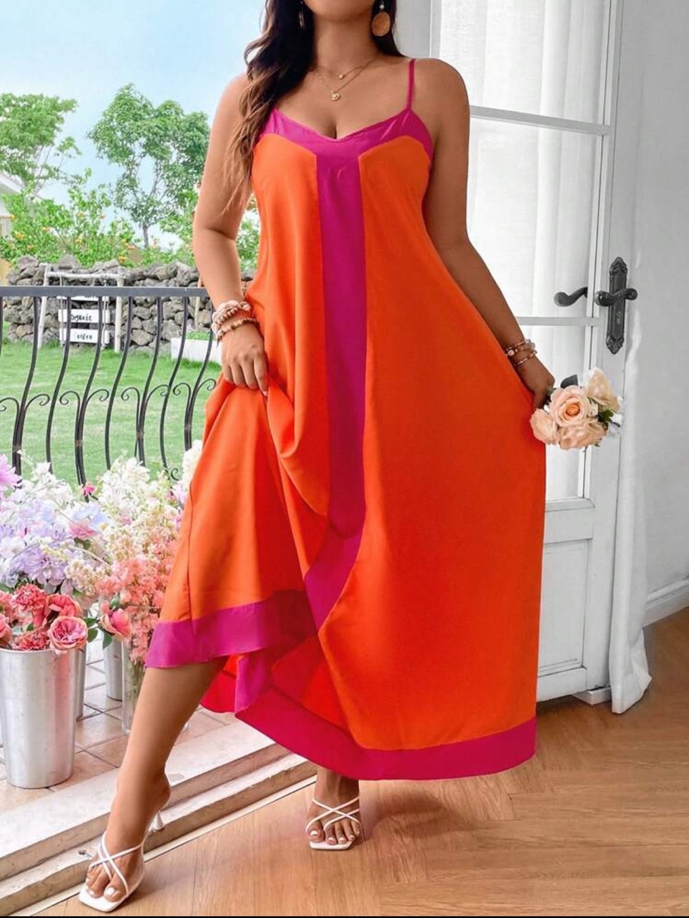 NWOT: Spaghetti-Strap Orange & Pink Colorblock Maxi Dress